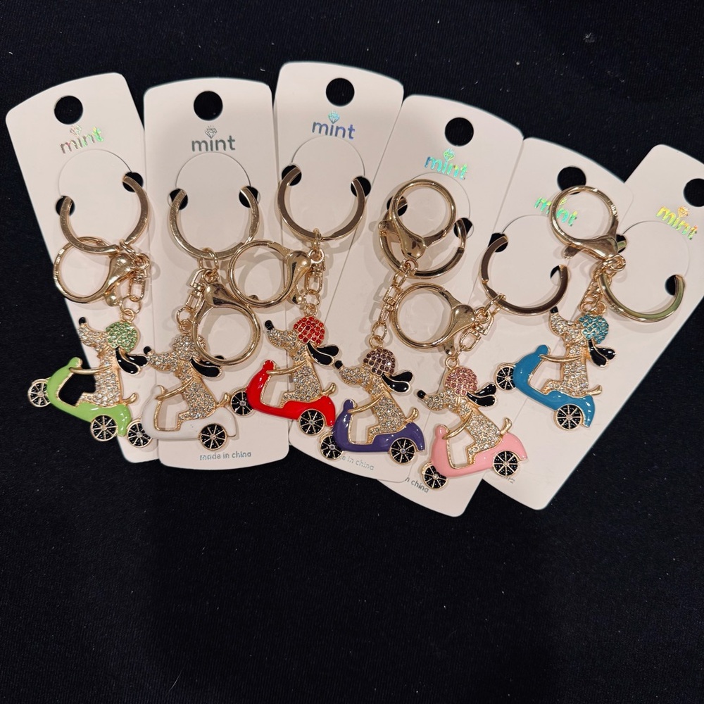 BAG CHARM Mint Gold and White Dog On Scooter Keychain - Picture 9 of 10